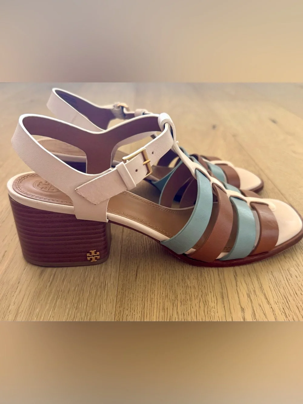Tory Burch Multicolor Fisherman Block Heel Sandal - White, Light Blue & Brown